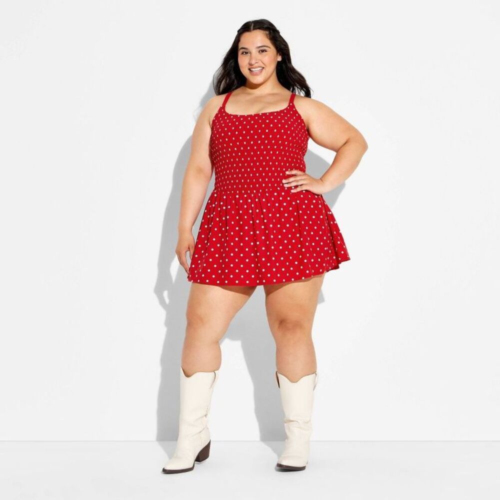 Women's Polka Dot Smocked Dress - JoyLab Red Polka Dot 3X